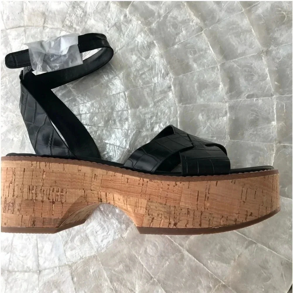 New Franco Sarto Sabello Platform Sandal cork Croc Embossed black animal print
